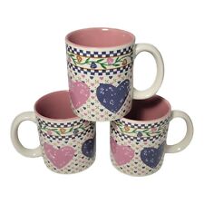 Folk Country Cottage Core Pink Blue Hearts Delight Mug Trio Checkered Coffee Cup picture