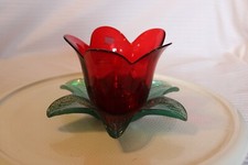 Vintage Vetreria LUX Made In Italy Red Glass Flower Glitter Leaf Candle Holder picture