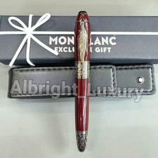 MONTBLANC Daniel Defoe Red Fountain Pen Maple Leaf Pattern Silver Trim w/ Case picture