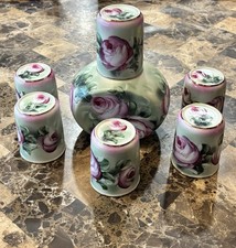 RS Prussia Hand Painted Porcelain Carafe Pitcher W/ 6 Cups Mint Green Floral picture