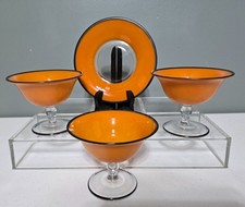 Vintage 1950's Sherbet Glasses Orange w/ Black Rim Bowls & Plate picture