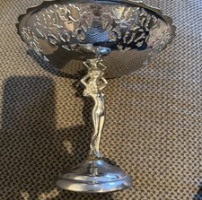 Farber Bros Figural Nude Lady Pedestal Compote Bowl Art Deco Chrome Lattice Work picture