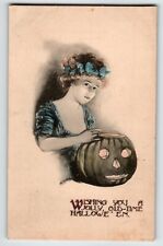 Halloween Postcard May L. Farini Blue Tinted Hand Painted Lady JOL Pumpkin 1911 picture