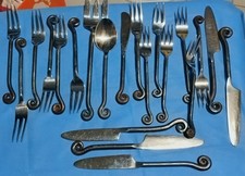 Vintage POTTERY BARN FIDDLEHEAD - FERN Black Iron Stainless Steel Flatware 21pcs picture