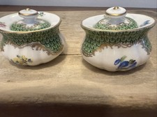 Pair Antique Pair Green Fish Scales Dresden Porcelain Mini Jars Gold Rim picture