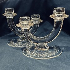 Vintage Pair Of Fostoria Holly, Etched Double Candlesticks Excellent Condition picture