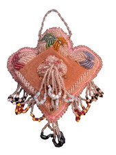 VICTORIAN NATIVE AMERICAN IROQUOIS WHIMSEY WALL PINCUSHION HEART 9” RAISED BEADS picture