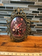 Vintage Italian Floral Wall Art Convex Bubble Glass Ornate Brass Frame picture