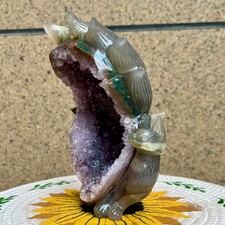 2.9 lb  Natural Agate Geode Hand Carved Fox Crystal Animal Decor Figurine picture