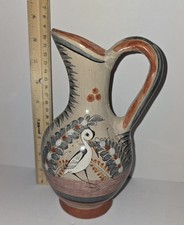 Vintage Tonala Mexican Pottery Pitcher Bird Floral Folk Art 11