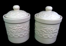 Vintage Stoneware Embossed Vines And Buttons Green Tint 2 Piece 7 7/8