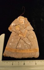 Antique  Christmas Orn Flat Pressed Cotton Child Holding Baby 2 Die Cut Faces picture
