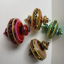 4 Vintage Christmas Plastic Atomic UFO Top Ornaments 60s Bradford Gold Red Green picture