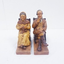 Old Lady & ManFigurines Signed Scumpture Chalkware VTG Sitting Sewing Smoking picture
