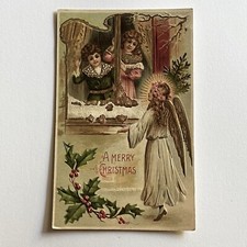 Antique Beautiful Christmas Postcard Foil Angel Cherub Children’s Window picture