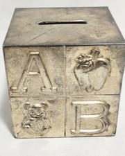 Vintage Baby's Silver Plated ABC Block Bank, Childs Cube Block  Bank picture