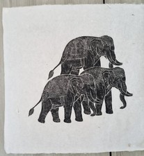 Elephant Raised Trunk Siam Thai Temple Rubbing Black Mulberry Paper Wall Art 25