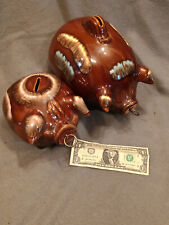 Pair of  2 Vintage Corky Pig Piggy Banks Brown  Drip glaze  Hull pottery USA picture