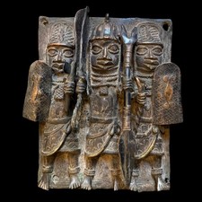 Antique Benin Bronze Plaque 1970s Royal Oba Court Warriors Lost Wax African Art picture