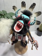 Navajo Black Ogre Kachina Doll By Largo Hand Carved Feathers Fur Decor Figure picture