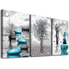DZRWUBHS 3 Piece Framed Canvas Wall Art Black White Blue Abstract Ready to Hang picture