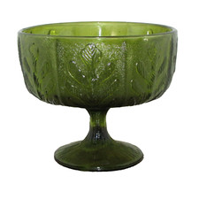 GLASS PEDESTAL BOWL green w/leaf raised design 5.5