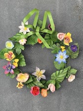 Vintage Tole Wreath With Spring Flowers Green Metal Bow, Bright Colors 11