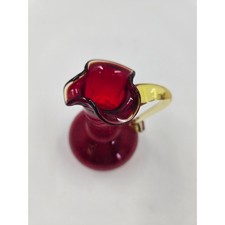 Vintage MCM Amberina Ruby Red Crackle Glass Mini Pitcher Applied Amber Handle picture