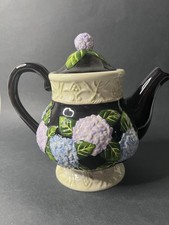 MWW Market Teapot Black w/Blue & Lavender Hydrangeas Floral Teapot picture