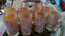Vintage Jeanette Glass Tumbler MCM Laurel & Lyre Tan Gold Harp 1954 8pc + CADDY picture