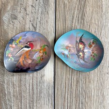 Set of 2 Vintage MCM Enamel Over Copper Trinket Dishes Bird Butterfly Holland picture