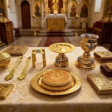 Orthodox Diskos Icon Plate Set Golden Blue Altar Home Church Religious Decors picture