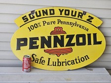 NEW PURCHASE GIANT VINTAGE 1950'S PENNZOIL PORCELAIN DOUBLE-SIDED SIGN 30 X 20  picture