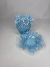 2 Pieces Blue Fenton Hobnail Opalescent Vase Bowl + Candy Dish, Ruffled Edges picture