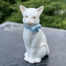 Vtg HEREND Fine Porcelain White Cat with Blue Ribbon Collar Figurine Hungary picture