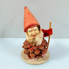 Vintage West Germany Pine Cone Gnome Putz Elf Christmas Figurine Cane FLAW picture