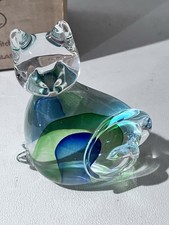 Handmade Glass Art CAT KITTEN Figurine Heavy Paperweight Clear Blue,Green Glass picture