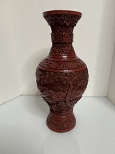 Vintage Chinese Carved Cinnabar Style Red Lacquer Vase 10.5
