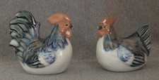 Vintage Rooster & Hen Pretty Glossy Porcelain Blue Miniature Chicken Figurines picture