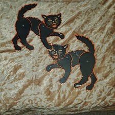 Vintage 50s Halloween 2 Beistle Jointed Die-Cut Cardboard Hissing Black Cats picture
