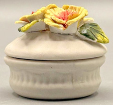 Victorian Trading Co Bisque Porcelain Trinket Box Hand Painted Yellow Rose Flora picture