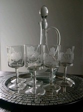 (6) Crystal Wine Glass Set w Decanter Toscany Romanian Etched