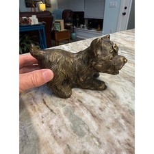 Vintage Brass Yorkie Terrier Dog Figurine Statue Textured Gold Patina Bow Decor picture
