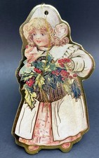 Vintage Christmas Ornament Paper Die Cut Victorian Little Girl Holly Merrimack picture