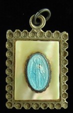 Vintage Mary Medal Sterling Blue Enamel Mother of Pearl Religious Holy Catholic picture