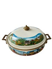 VINTAGE Enamelware RARE VILLAGE SCENE Brass Handles new picture