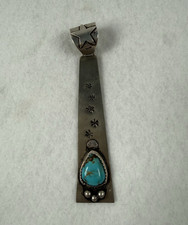 LARGE Signed Sterling Silver Turquoise Pendant w/ Star Bail, Stamped Design, 5in picture