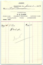 1923 S.G. Clark Ford Lincoln Woodstock VA billhead, paid picture