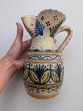 VTG Toledo GM Spain Hand Painted Pottery Pitcher Sangria Jug Folk Art Textured picture
