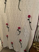 Vintage Crocheted Handmade 3D Red Flower Rose Blanket  77x36 picture